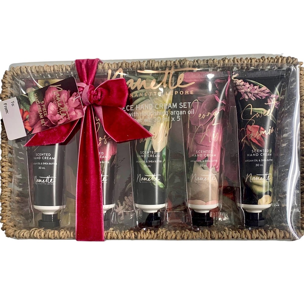 5 PCS NANETTE LEPORE HAND CREAM INFUSED W ARGAN‎ OIL GIFT SET IN BASKET 1 FL OZ